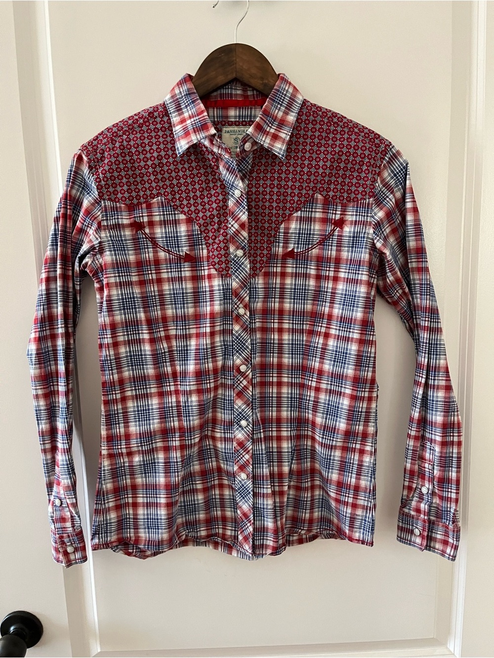 Women’s Red and Blue Plaid Button-Down Shirt with Printed Yoke